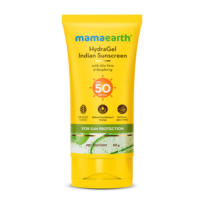 Mamaearth HydraGel Indian Sunscreen with Aloe Vera & Raspberry for Sun Protection 50 gm