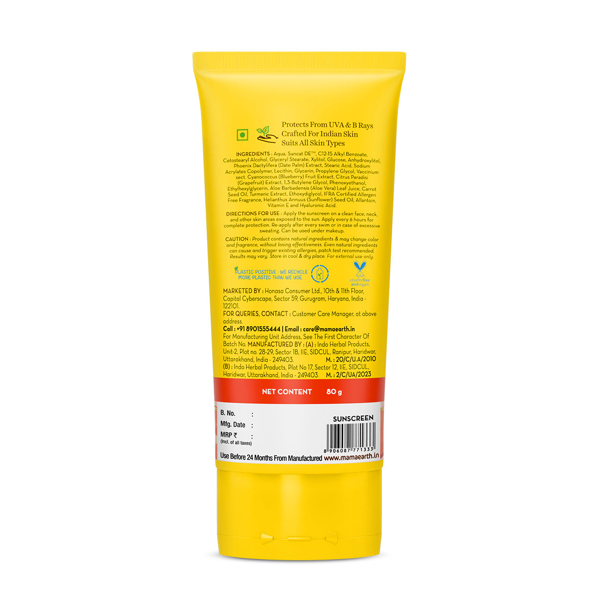Mamaearth Ultra Light Indian Sunscreen with Carrot Seed Turmeric & SPF 50 PA+++ 80 ml
