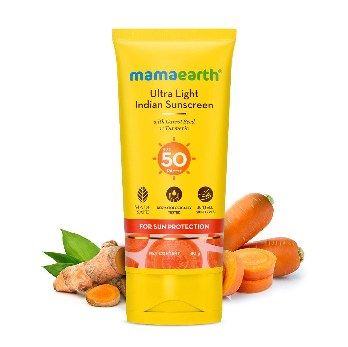 Mamaearth Ultra Light Indian Sunscreen with Carrot Seed Turmeric & SPF 50 PA+++ 80 ml