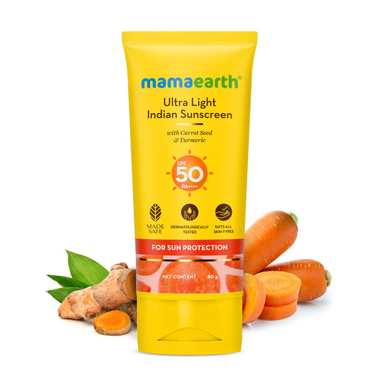 Mamaearth Ultra Light Indian Sunscreen with Carrot Seed Turmeric & SPF 50 PA+++ 80 ml