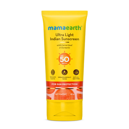 Mamaearth Ultra Light Indian Sunscreen with Carrot Seed Turmeric & SPF 50 PA+++ 80 ml